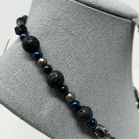 Classic Black Lava Rock Beaded Necklace with Blue and Black Marble Beads - Picture 2 of 11